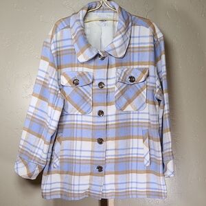 Kensie Blue and Tan Plaid Shacket Utility Jacket Large